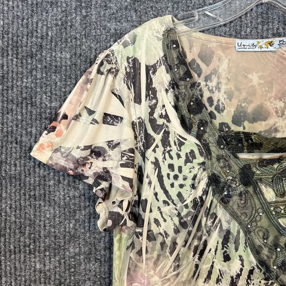 Unity Women Floral Blouse Top Size Large Petite Bohemian Artsy Lace Trim Stretch - Picture 3 of 9